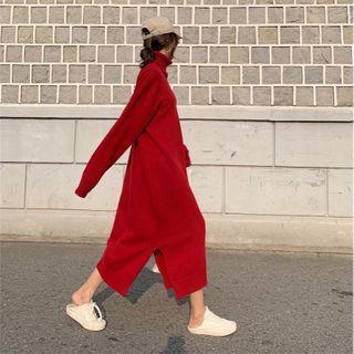 Split Plain Long-sleeve Knit Dress