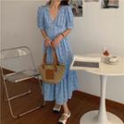 Short-sleeve Flower Print Maxi A-line Dress Floral - Blue - One Size