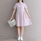 Buttoned Striped Short-sleeve Mini A-line Dress
