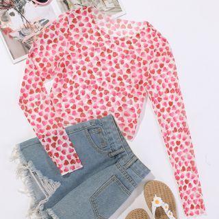 Long-sleeve Heart Patterned See Through Cropped Top