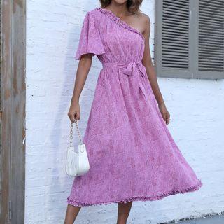 One-shoulder Patterned Midi A-line Dress