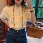 Short-sleeve Embroidered Blouse Beige - One Size