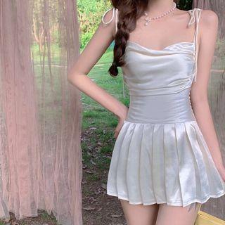 Spaghetti Strap Pleated Mini A-line Dress