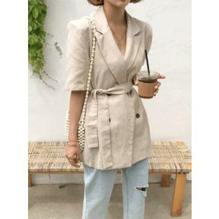 Short-sleeve Tie-waist Plaid Blazer