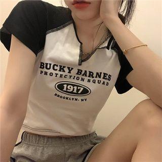 Lettering Color-block Short-sleeve Top