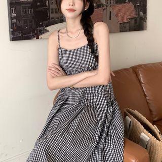 Plaid Spaghetti Strap Dress Black & White - One Size