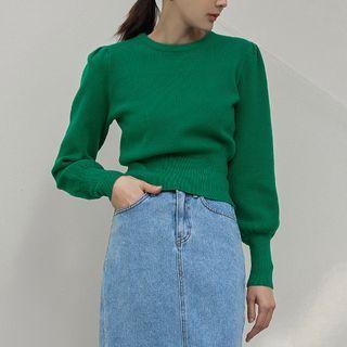 Vivid Mutton-sleeve Knit Crop Top
