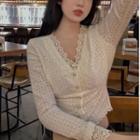 Long-sleeve Lace Top Off-white - Xl