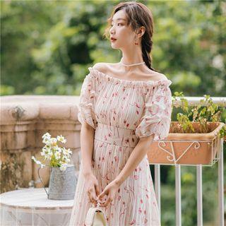 Printed Off-shoulder Midi A-line Dress