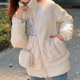 Label Applique Faux Shearling Zip Jacket