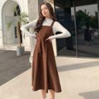 Set: Spaghetti Strap Corduroy Midi A-line Dress + Long-sleeve Mock-neck Top