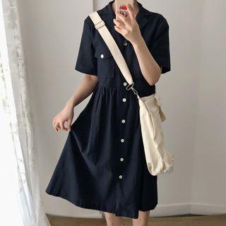 Pocketed Short-sleeve Midi Collared Dress