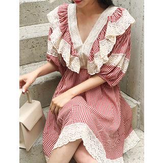 V-neck Lace-trim Check Dress