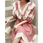 V-neck Lace-trim Check Dress