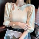 Long-sleeve Plain Ripped Bow Knit Top