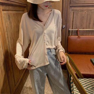 Plain V-neck Long-sleeve Oversize T-shirt