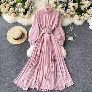 Long-sleeve Stand-collar Chiffon Accordion Pleat Dress