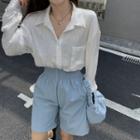 Shirred Long-sleeve Blouse / High-waist Shorts