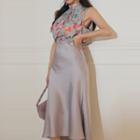 Set: Sleeveless Printed Blouse + Asymmetrical Midi A-line Skirt