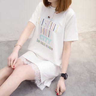 Lettering Lace Hem Short Sleeve T-shirt Dress