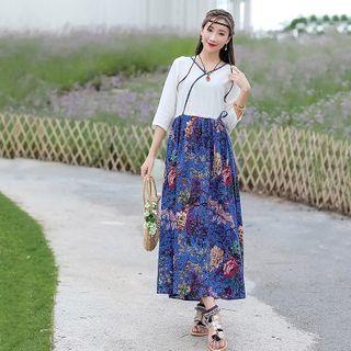 3/4-sleeve Floral Print Panel Midi Dress