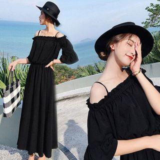 Elbow-sleeve Cold Shoulder Frill Trim A-line Maxi Dress