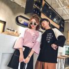 Couple Matching Lettering Color Block 3/4-sleeve T-shirt