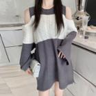 Off-shoulder Long-sleeve Color Block Sweater As Show In Figure - One Size