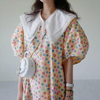 Elbow-sleeve Dotted Midi A-line Dress As Shown In Figure - One Size
