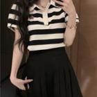 Short-sleeve Striped Polo Shirt / Pleated A-line Skirt