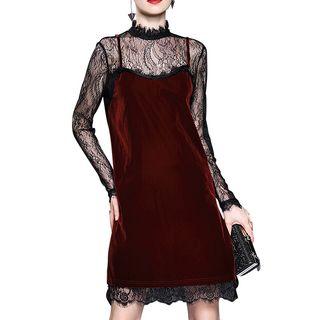 Mock Two Piece Velvet Panel Long Sleeve Lace Dress