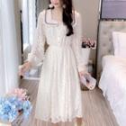 Square-neck Long-sleeve Midi Lace Dress