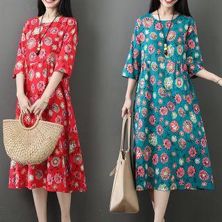 3/4-sleeve All Over Pattern Midi Dress
