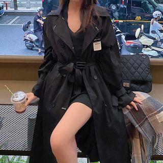 Plain Double Breasted Trench Jacket / Plaid Scarf