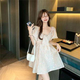 V Neckline Floral Puff-sleeve Dress Almond Dress - One Size