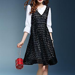 Set: 3/4 Sleeve Split Neck Dress + Lace Slipdress