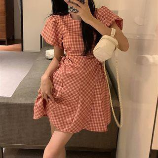 Puff-sleeve Cut-out Plaid Mini A-line Dress