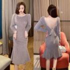 Long-sleeve Mesh Panel Open Back Fluffy Mermaid Dress