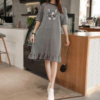 Elbow-sleeve Print Ruffle Hem Midi Dress