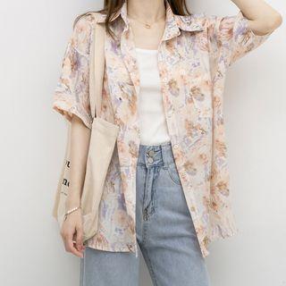 Short-sleeve Floral Shirt Light Orange - One Size