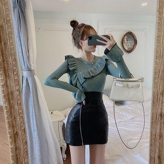 Long-sleeve Ruffled Knit Top / Faux Leather Mini Fitted Skirt