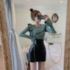 Long-sleeve Ruffled Knit Top / Faux Leather Mini Fitted Skirt