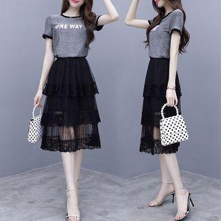 Set: Short-sleeve Letter Print T-shirt + Tiered Lace Midi Skirt