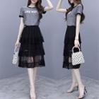Set: Short-sleeve Letter Print T-shirt + Tiered Lace Midi Skirt