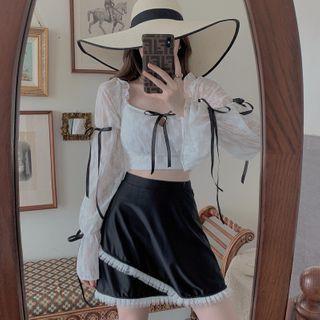 Set: Long-sleeve Lace Swim Top + Ruffle Trim Bottom + Skirt