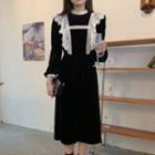 Long Sleeve Mock Neck Lace Panel Velvet Midi Dress Black - One Size