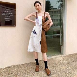 Spaghetti-strap Print Panel Midi A-line Dress