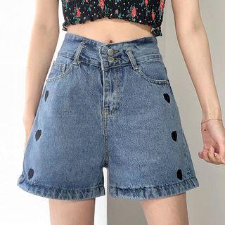 Heart Embroidered Wide-leg Denim Shorts