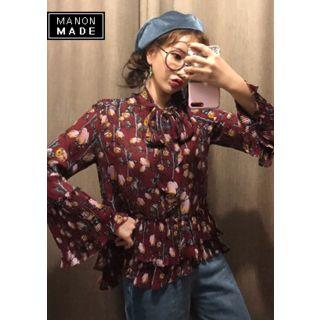 Tie-neck Pleat-hem Floral Chiffon Top
