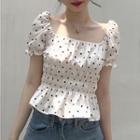 Square-neck Dotted Short-sleeve Top White - One Size